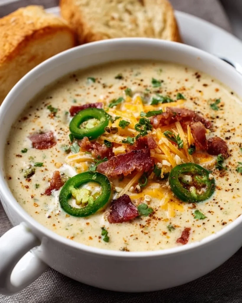 Bowl of creamy jalapeño popper soup garnished with cilantro and chili.