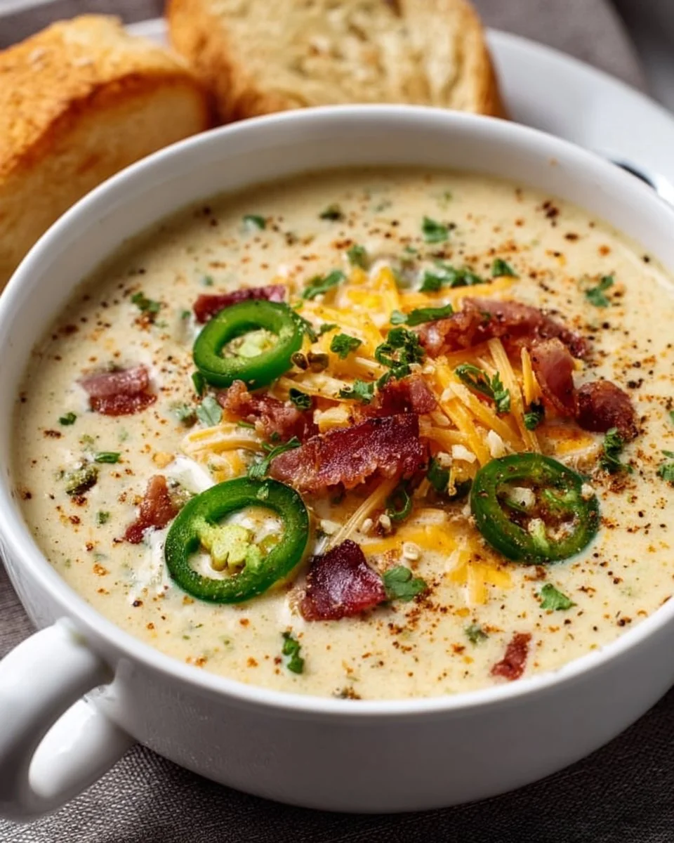 Bowl of creamy jalapeño popper soup garnished with cilantro and chili.
