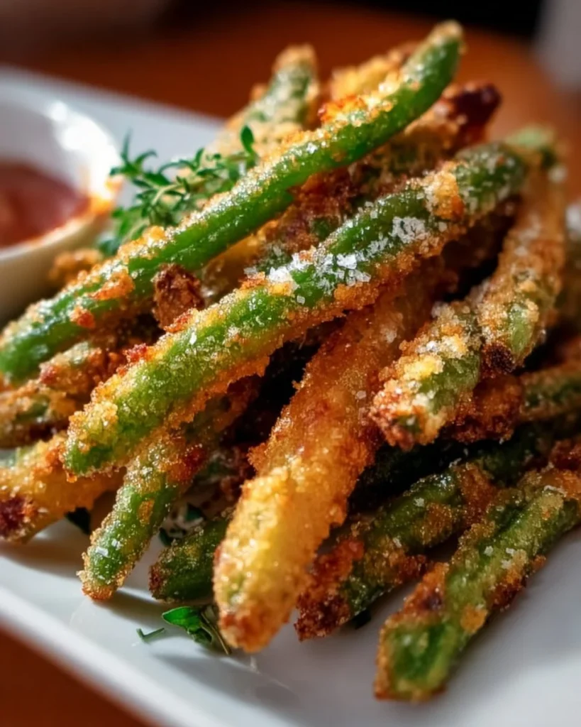 Crispy fried green beans served with a dipping sauce on a white plate.