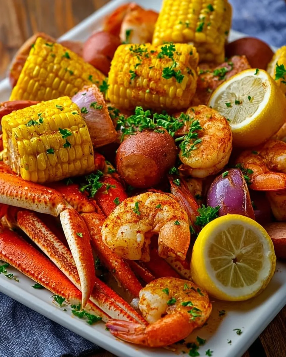 Crockpot Seafood Boil with shrimp, crab, and vegetables in a flavorful broth