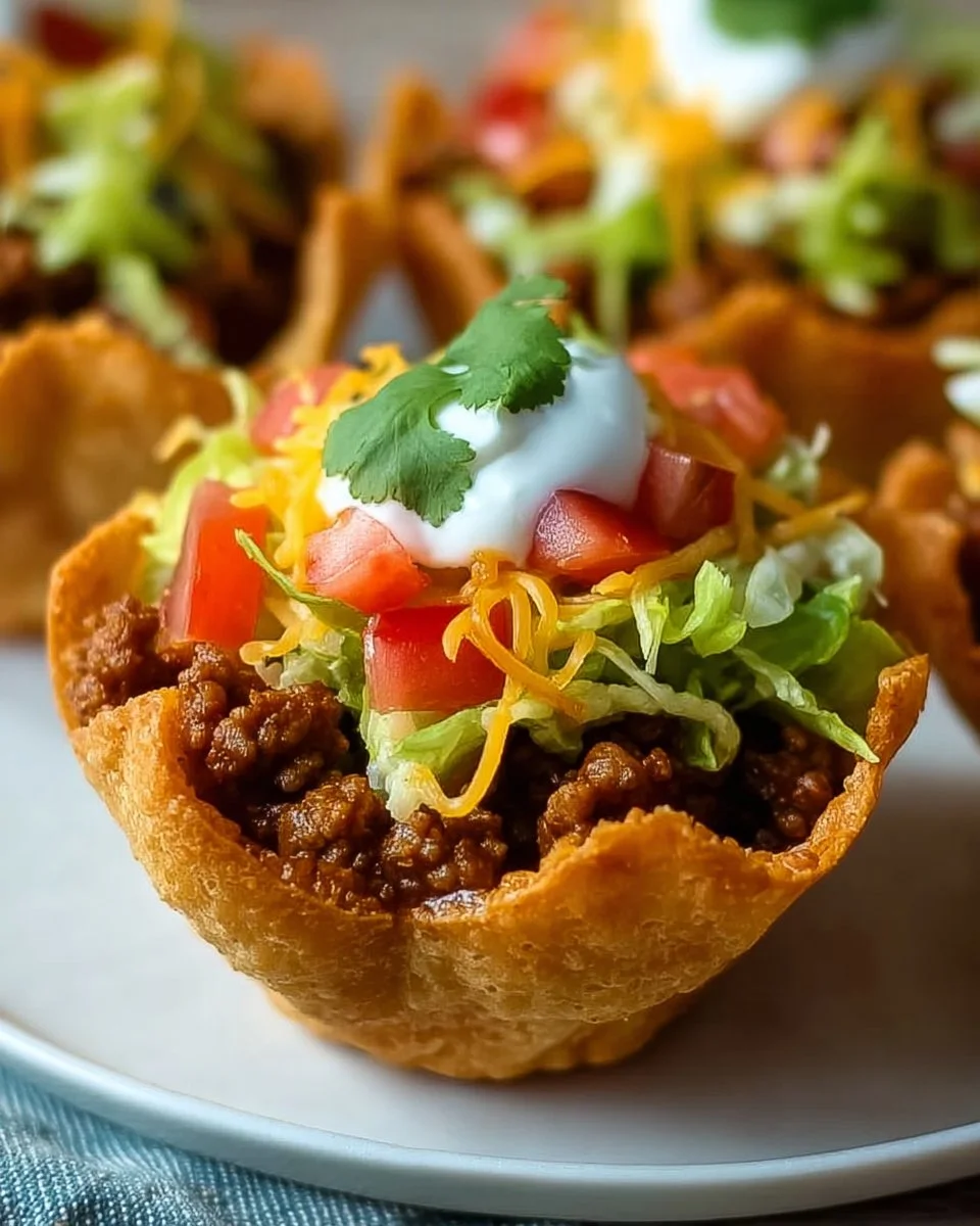 Delicious crunchy taco salad cups filled with fresh toppings and ingredients