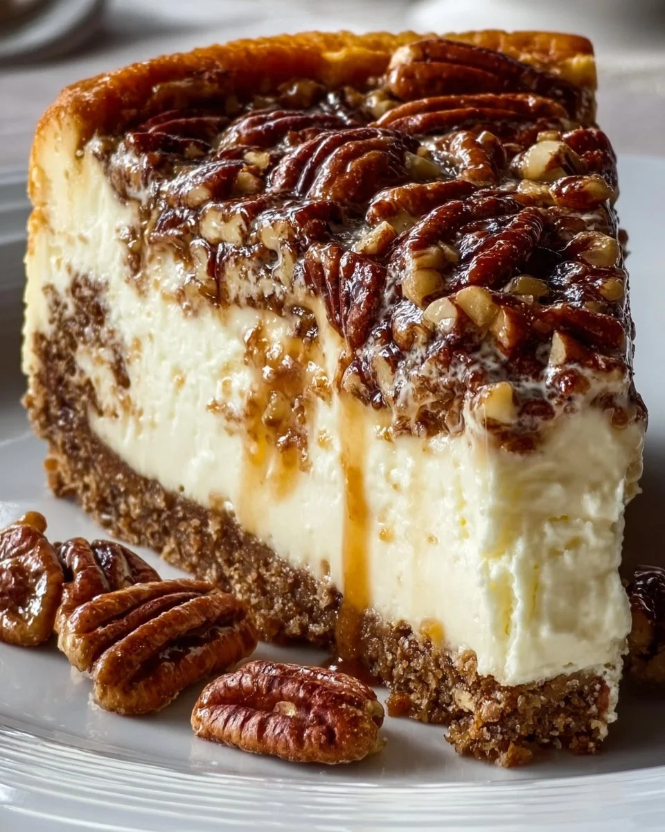 Delicious pecan cheesecake pie topped with crunchy pecans