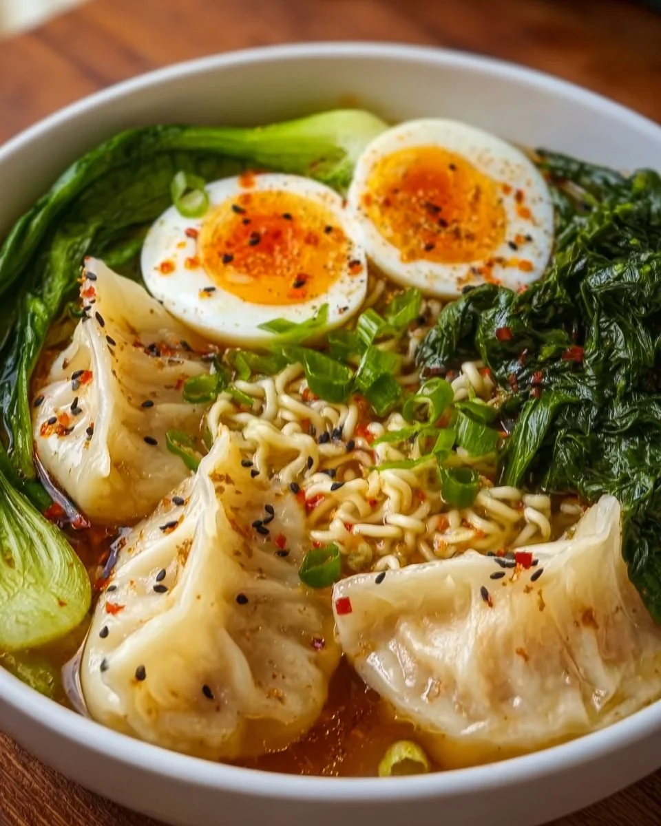 Delicious Dumpling Ramen Bowl with savory dumplings and rich broth.