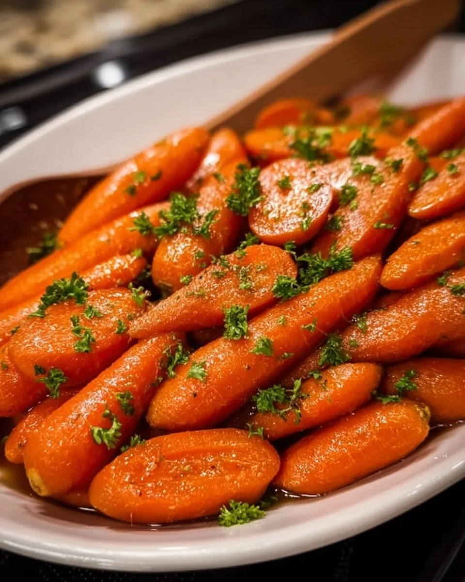 Plate of easy brown sugar glazed carrots garnished with herbs
