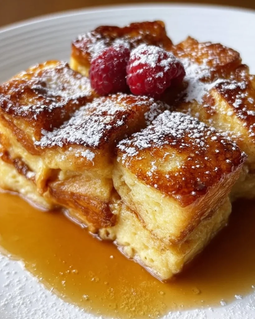 Delicious French toast casserole made with croissants, baked to perfection.