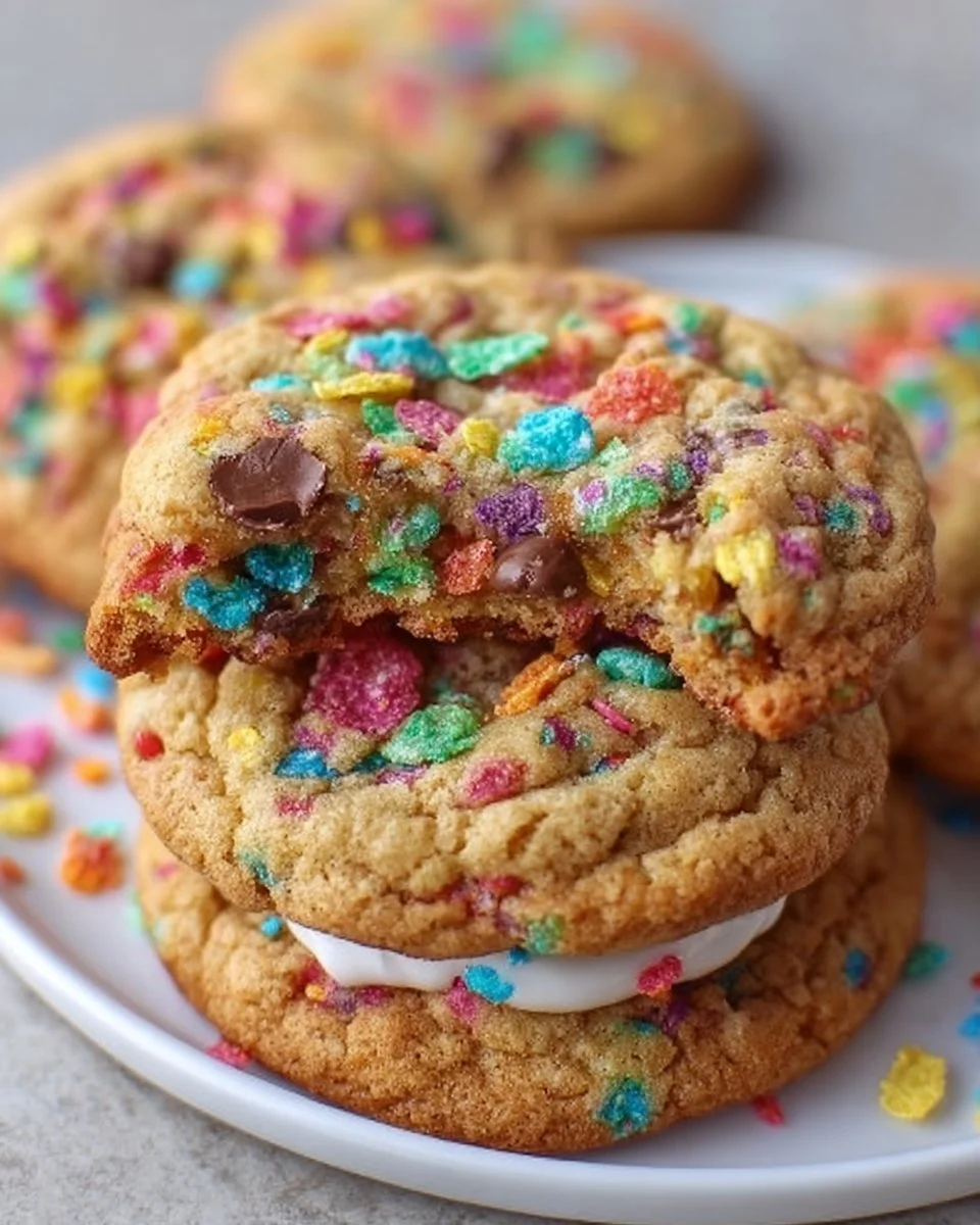 Fruity Pebble Stuffed Cookies with colorful cereal and chocolate chips