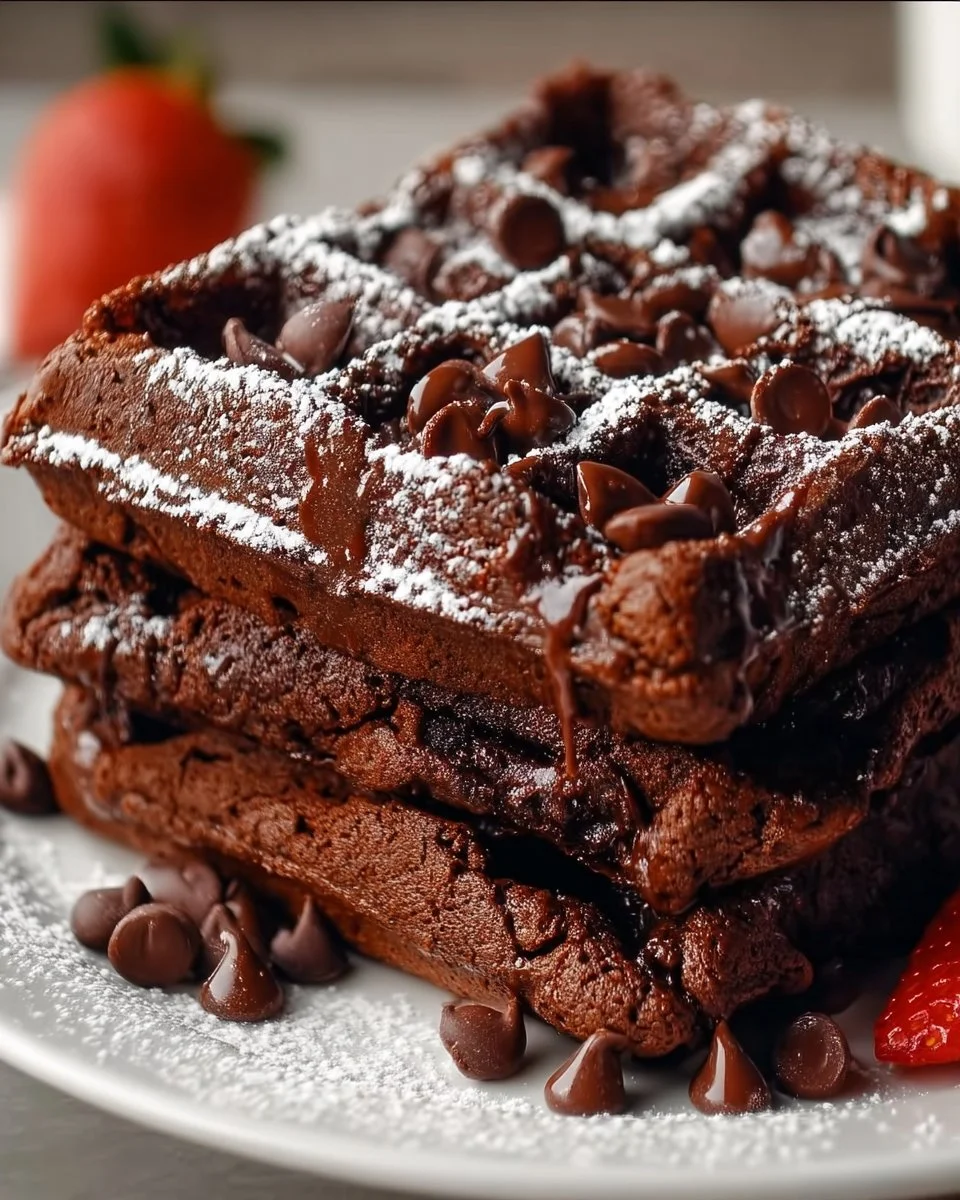 Delicious fudgy brownie waffles topped with chocolate sauce and berries.