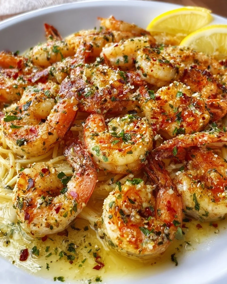 Plate of Garlic Butter Shrimp Scampi garnished with parsley and lemon.