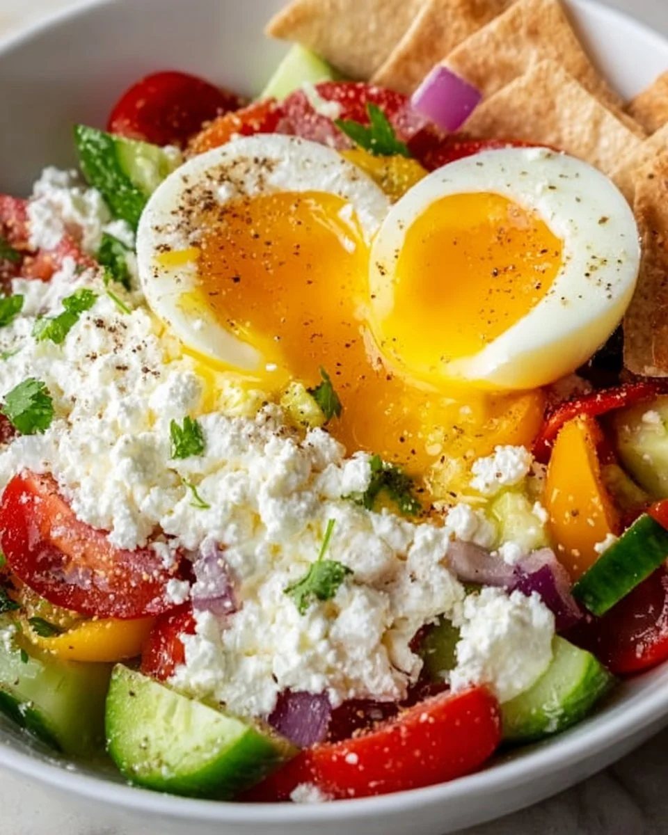 Greek salad cottage cheese bowl with fresh vegetables and creamy texture