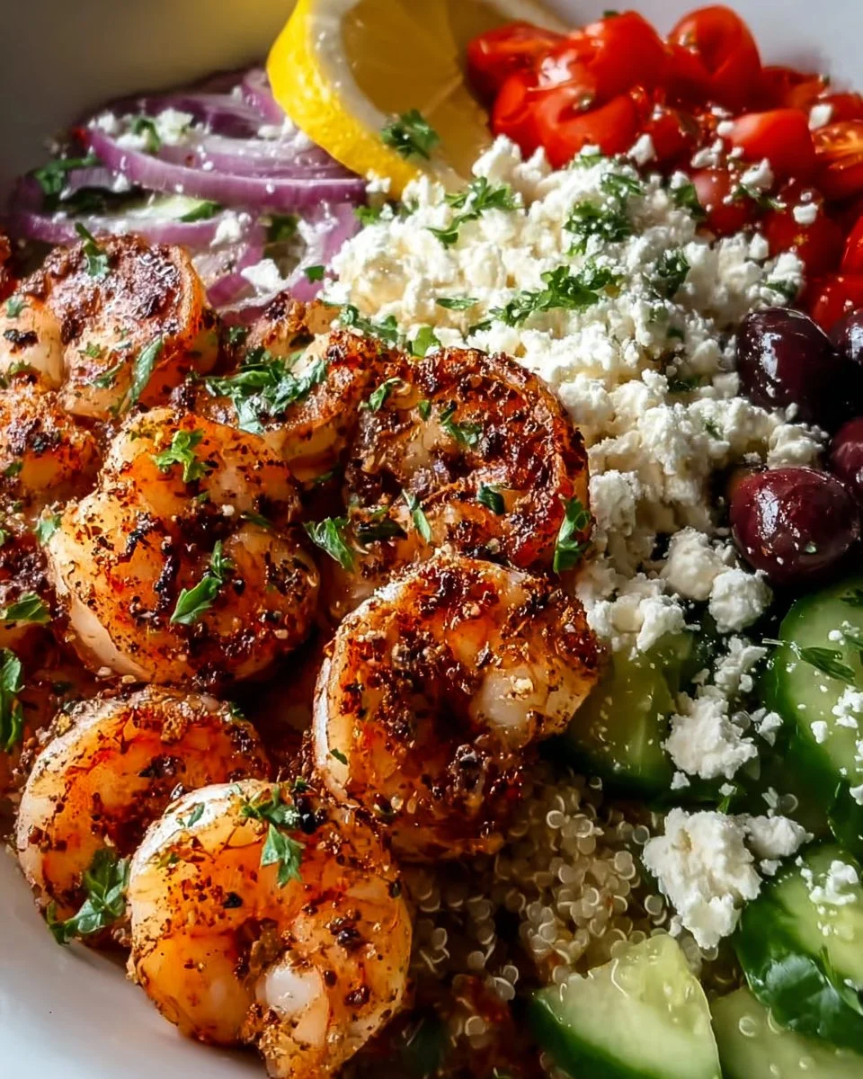 Delicious Greek Shrimp Mediterranean Bowl featuring fresh veggies and shrimp