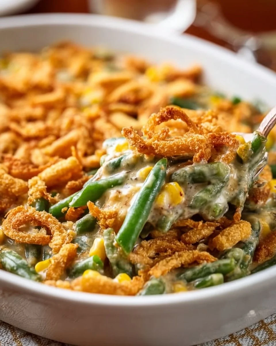 Delicious green bean casserole topped with crispy fried onions, served in a dish.