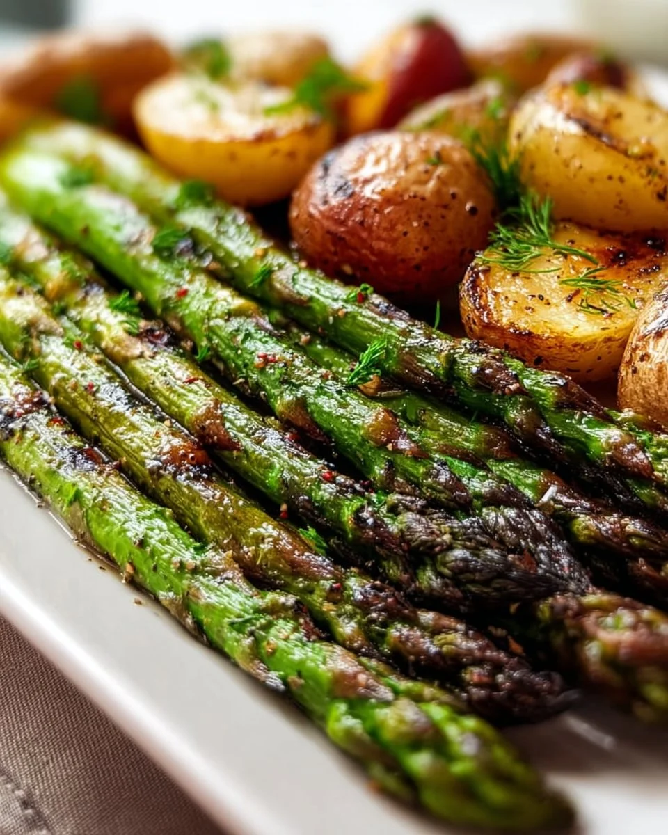 Delicious grilled asparagus with seasoned potatoes on a plate