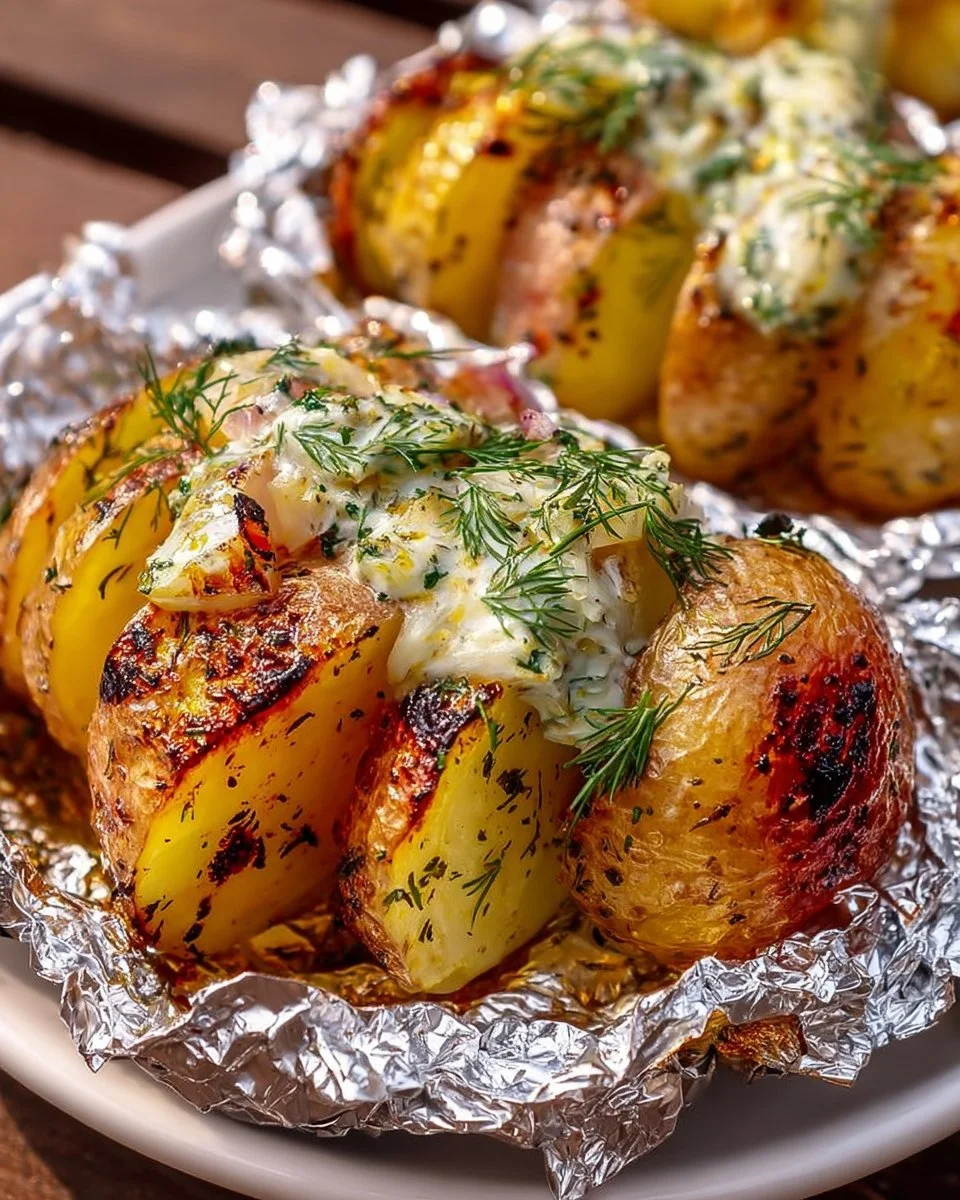 Grilled dill potatoes wrapped in foil, ready for a summer barbecue.
