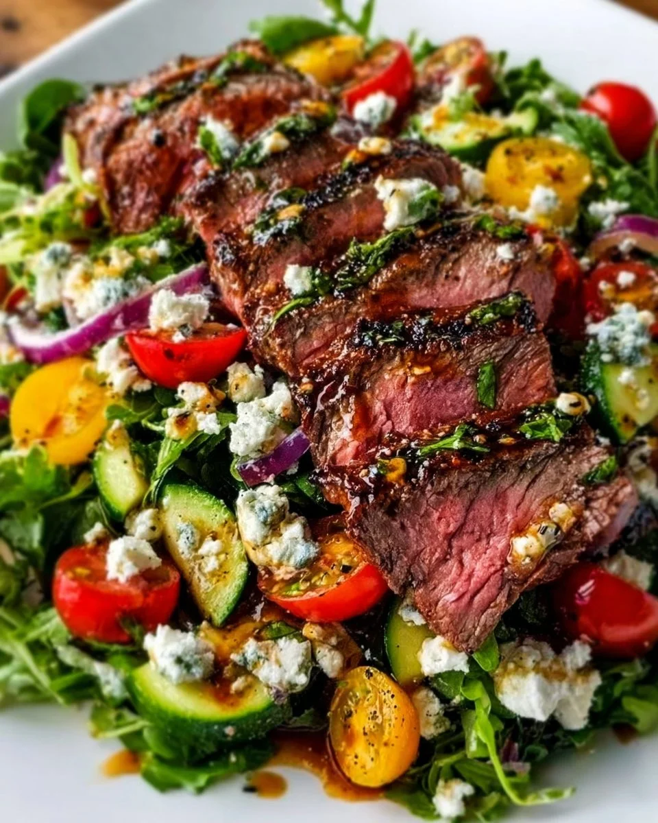 Delicious grilled sirloin steak salad with fresh vegetables and dressing
