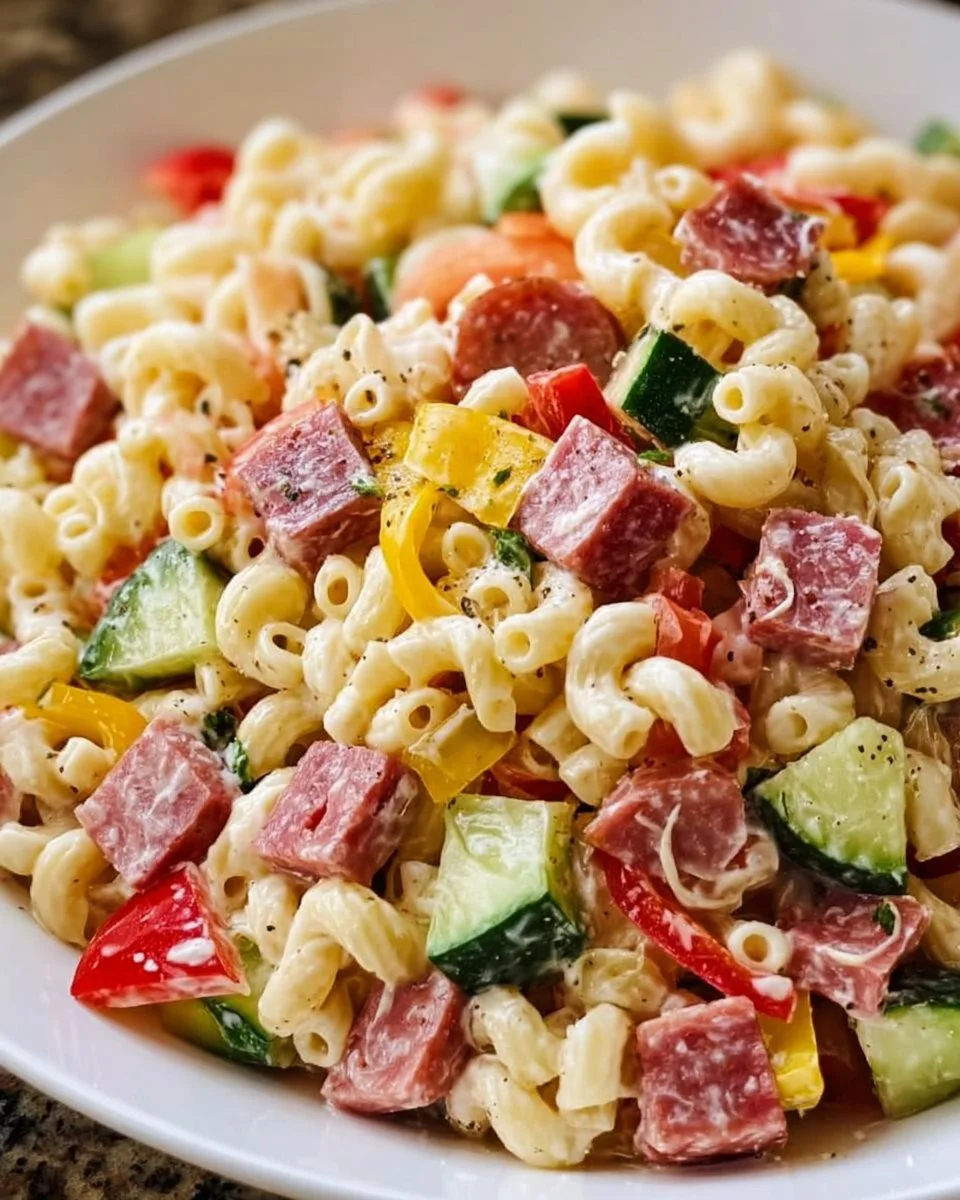 Colorful bowl of Grinder Pasta Salad with fresh vegetables and dressing