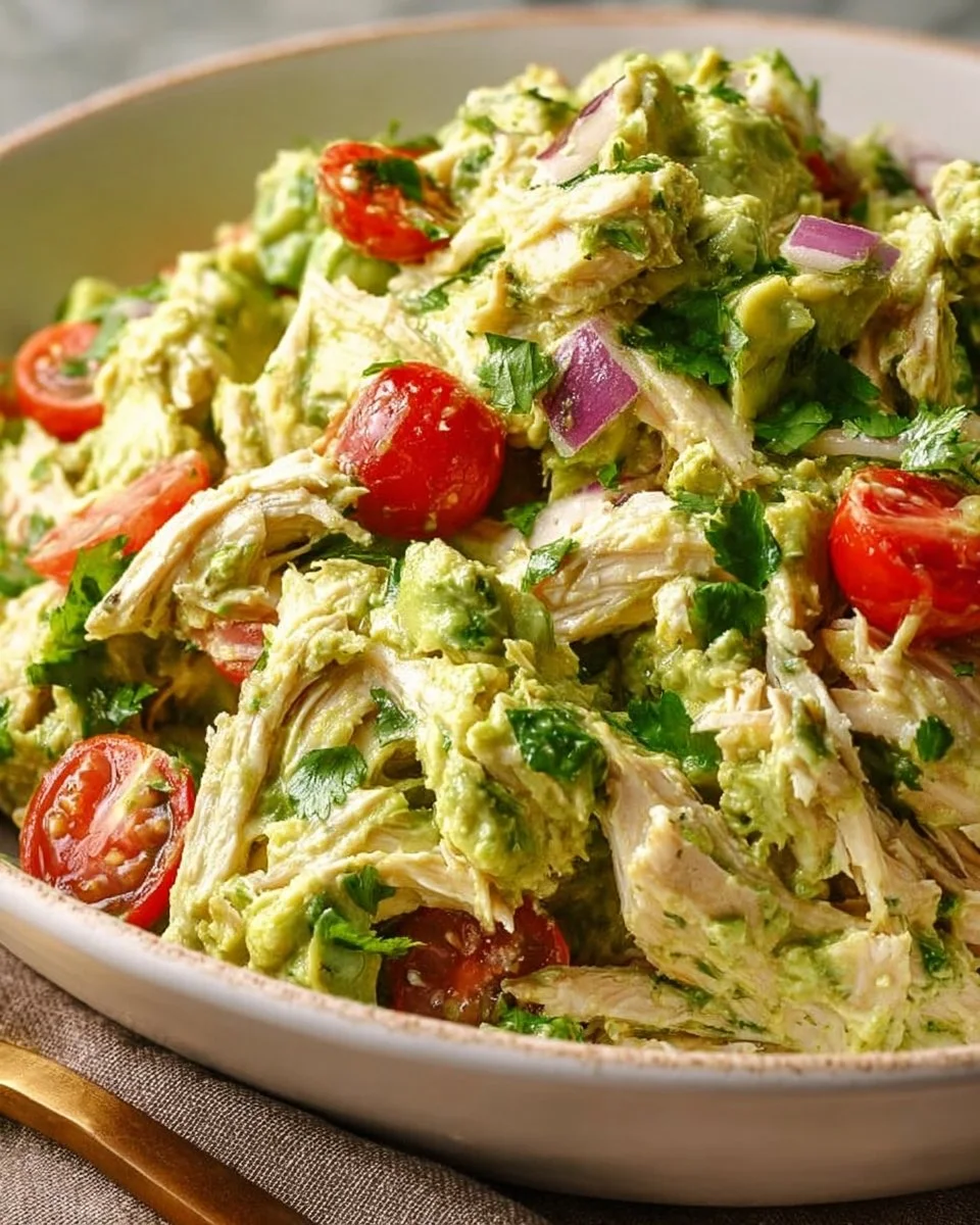 Bowl of fresh Guacamole Chicken Salad with chicken, avocados, and vegetables