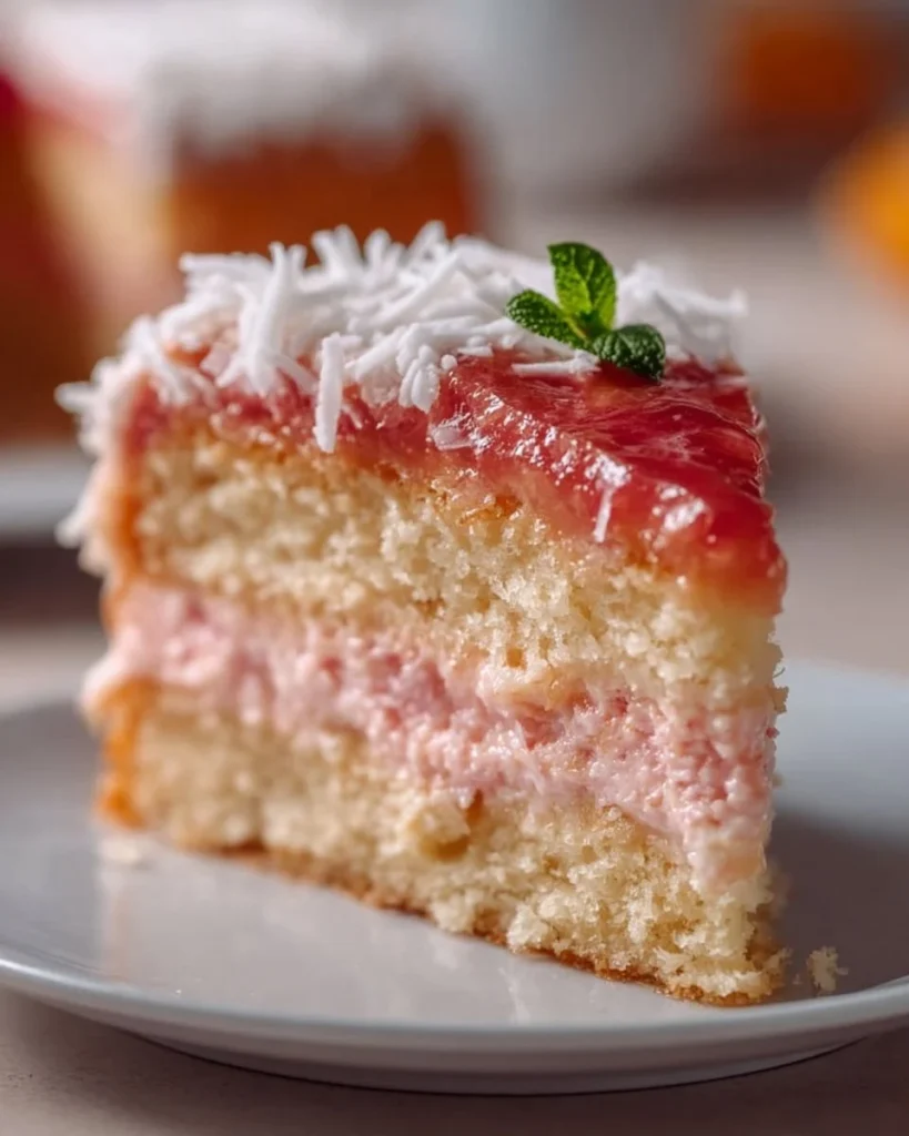 Delicious slice of Hawaiian Guava Cake topped with fresh guava slices.
