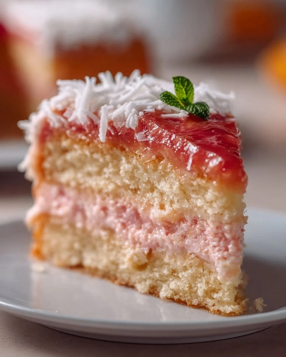Delicious slice of Hawaiian Guava Cake topped with fresh guava slices.