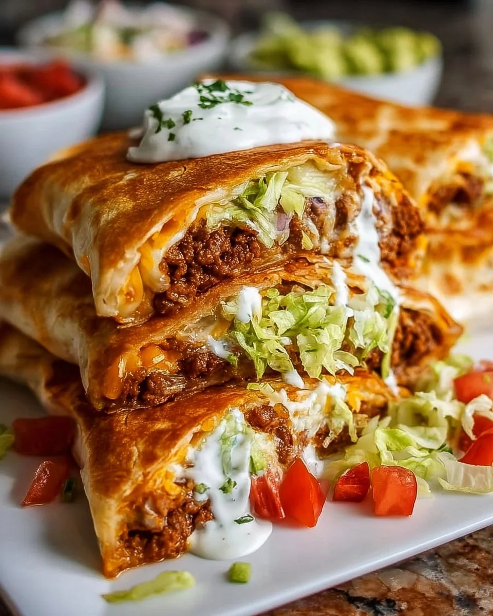 Homemade Crunch Wrap Supreme with layers of cheese, meat, and fresh vegetables.