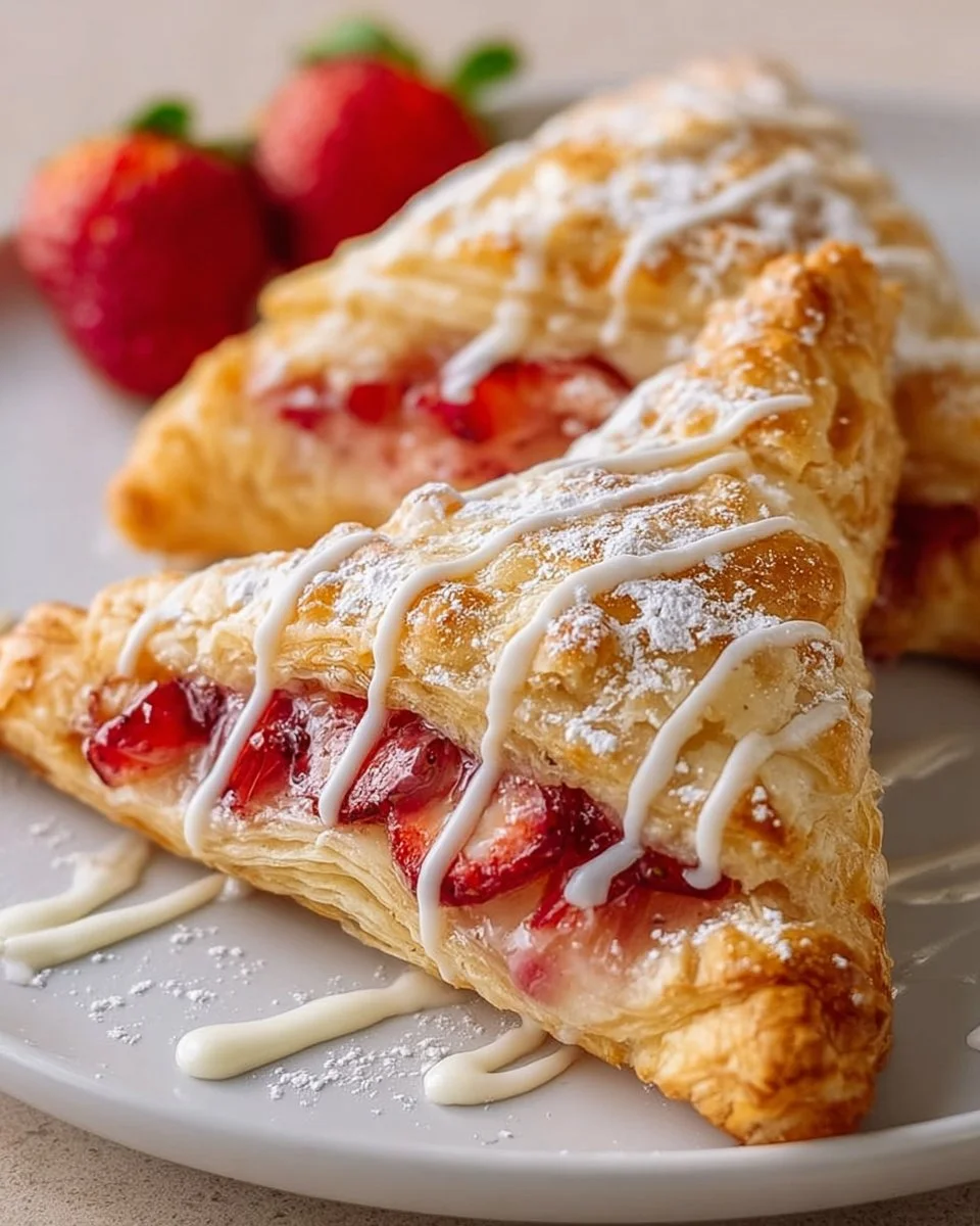 Freshly baked homemade strawberry rhubarb turnovers on a plate