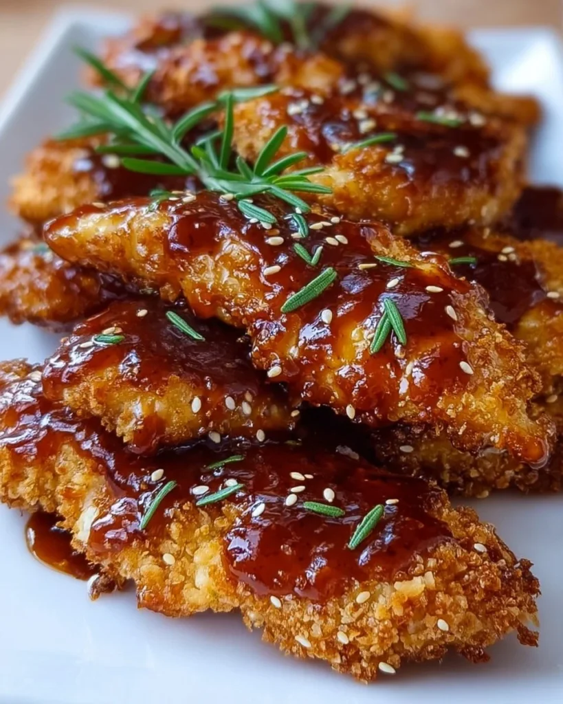 Delicious honey BBQ chicken tenders served with a side of dipping sauce.