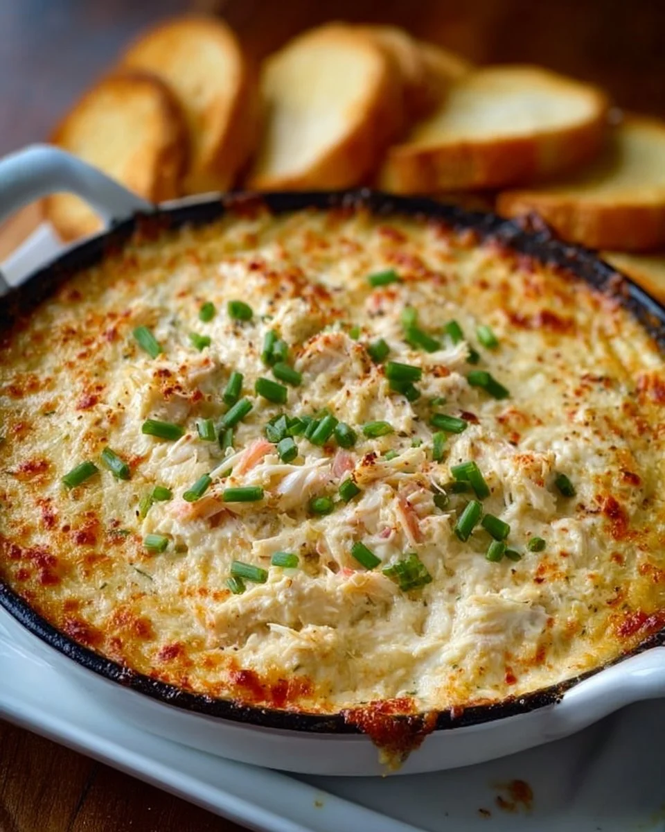 Delicious hot crab dip served with crispy crackers