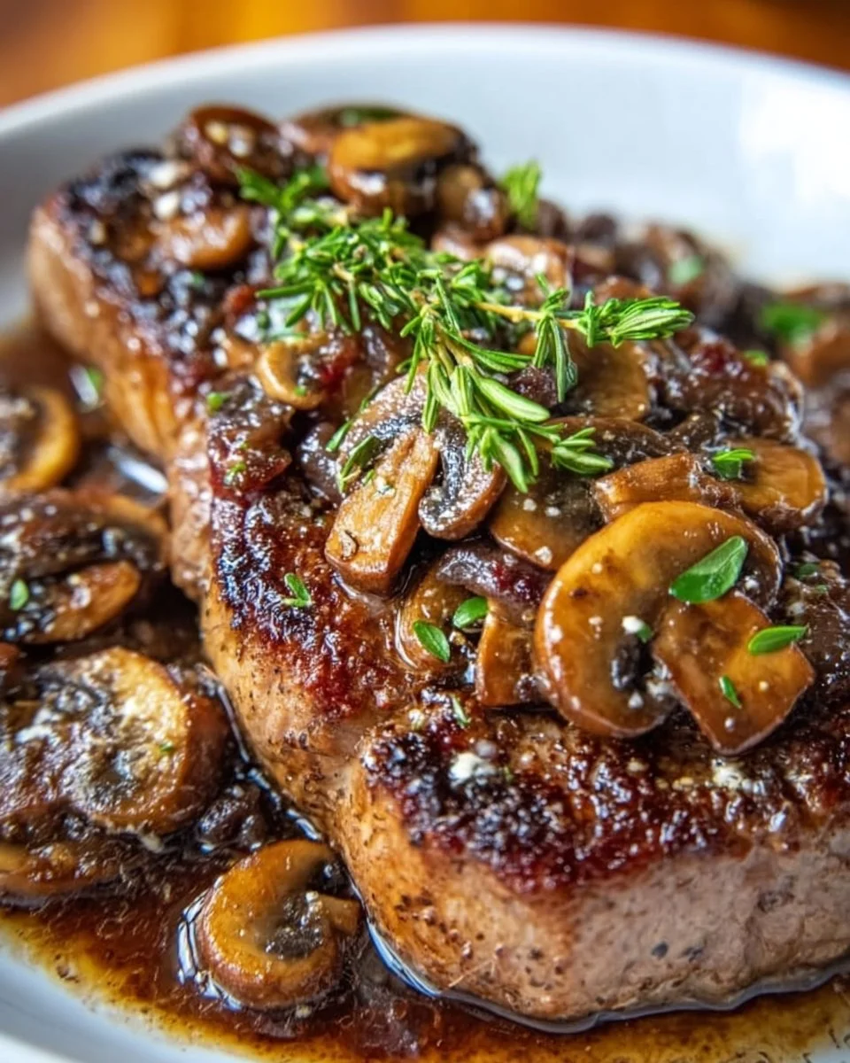 Juicy steak drizzled with red wine mushroom sauce on a plate.