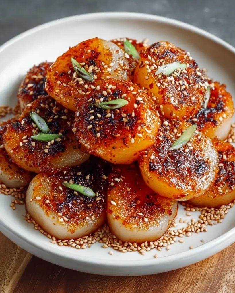 Korean rice cakes with sweet soy butter sauce served in a traditional bowl