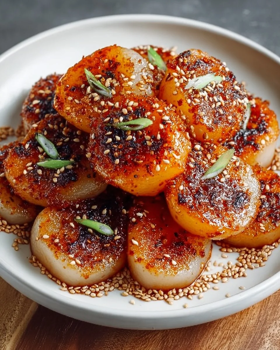 Korean rice cakes with sweet soy butter sauce served in a traditional bowl