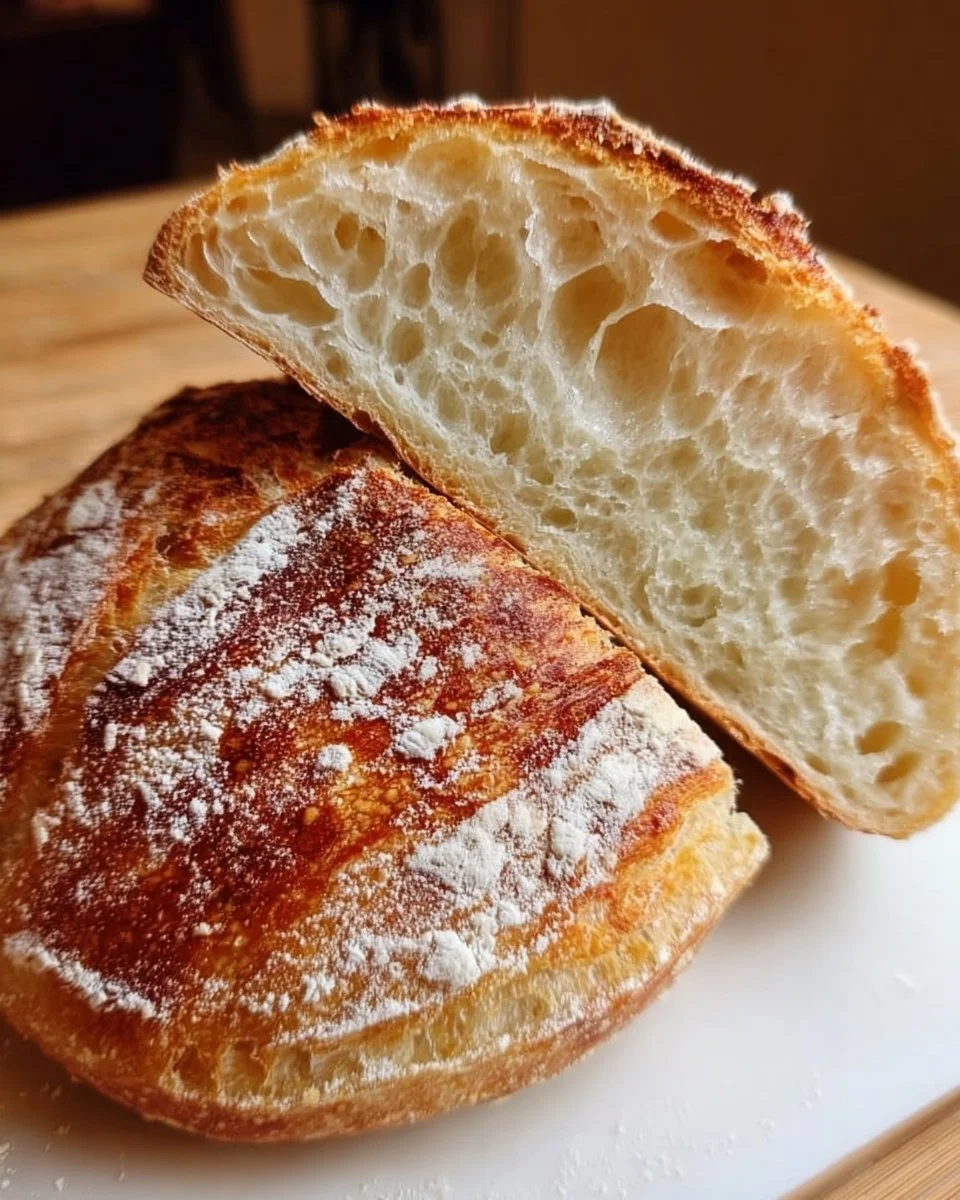 Freshly baked Lazy Baker's no-bulk-fermentation sourdough bread on a wooden table.