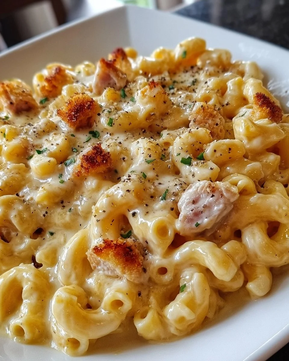 Low Calorie High Protein Mac and Cheese in a bowl garnished with herbs