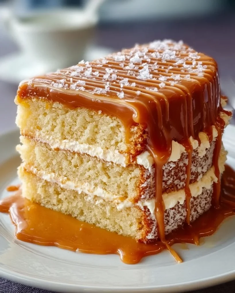 Luxurious salted caramel cake topped with rich caramel drizzle and sea salt flakes