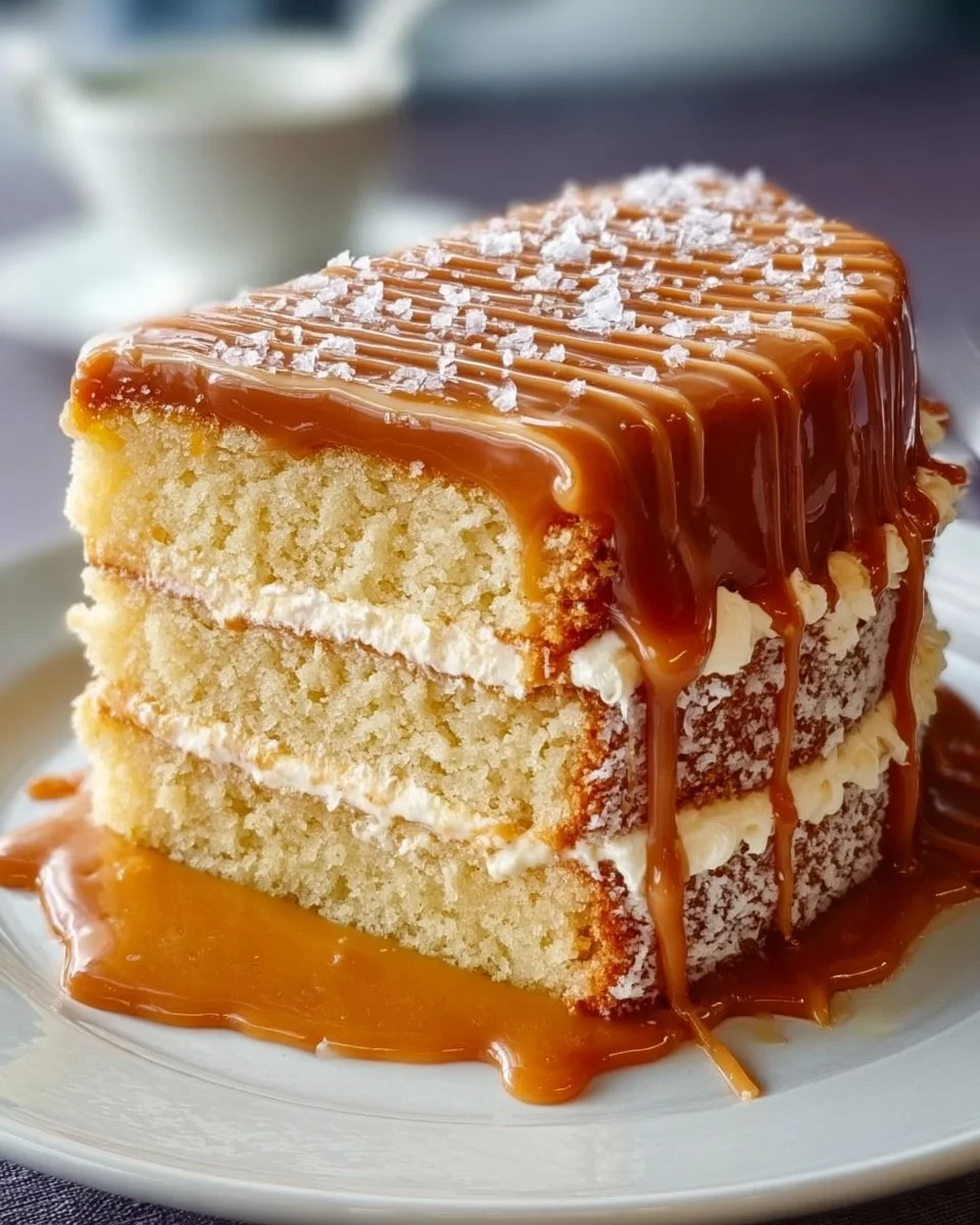 Luxurious salted caramel cake topped with rich caramel drizzle and sea salt flakes