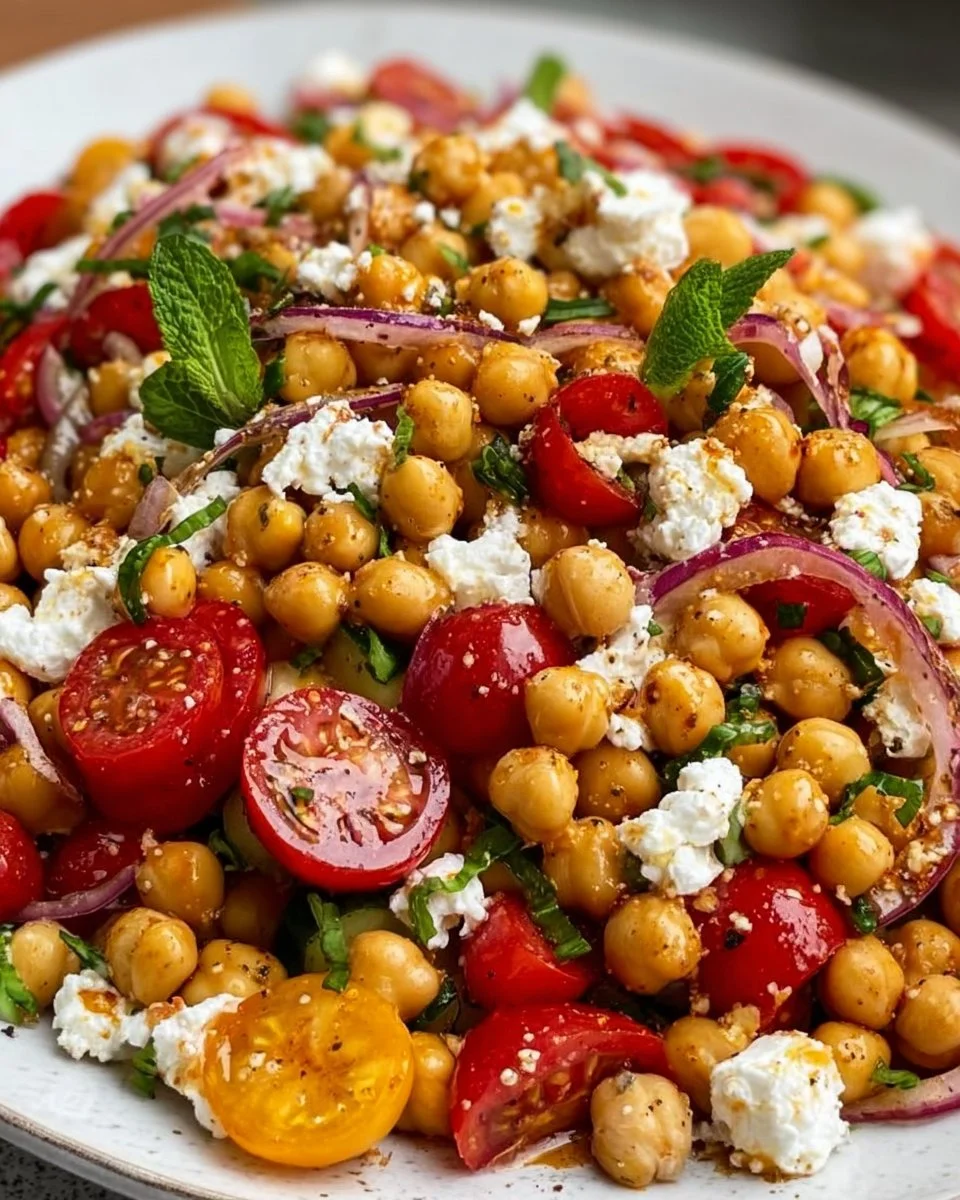 A vibrant Mediterranean Chickpea Salad with fresh vegetables and herbs.