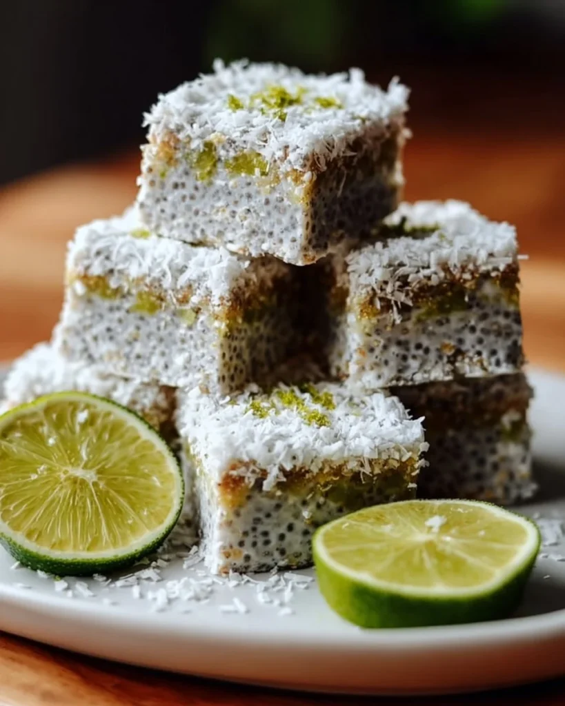 No bake coconut lime chia bars on a plate, healthy snack option.
