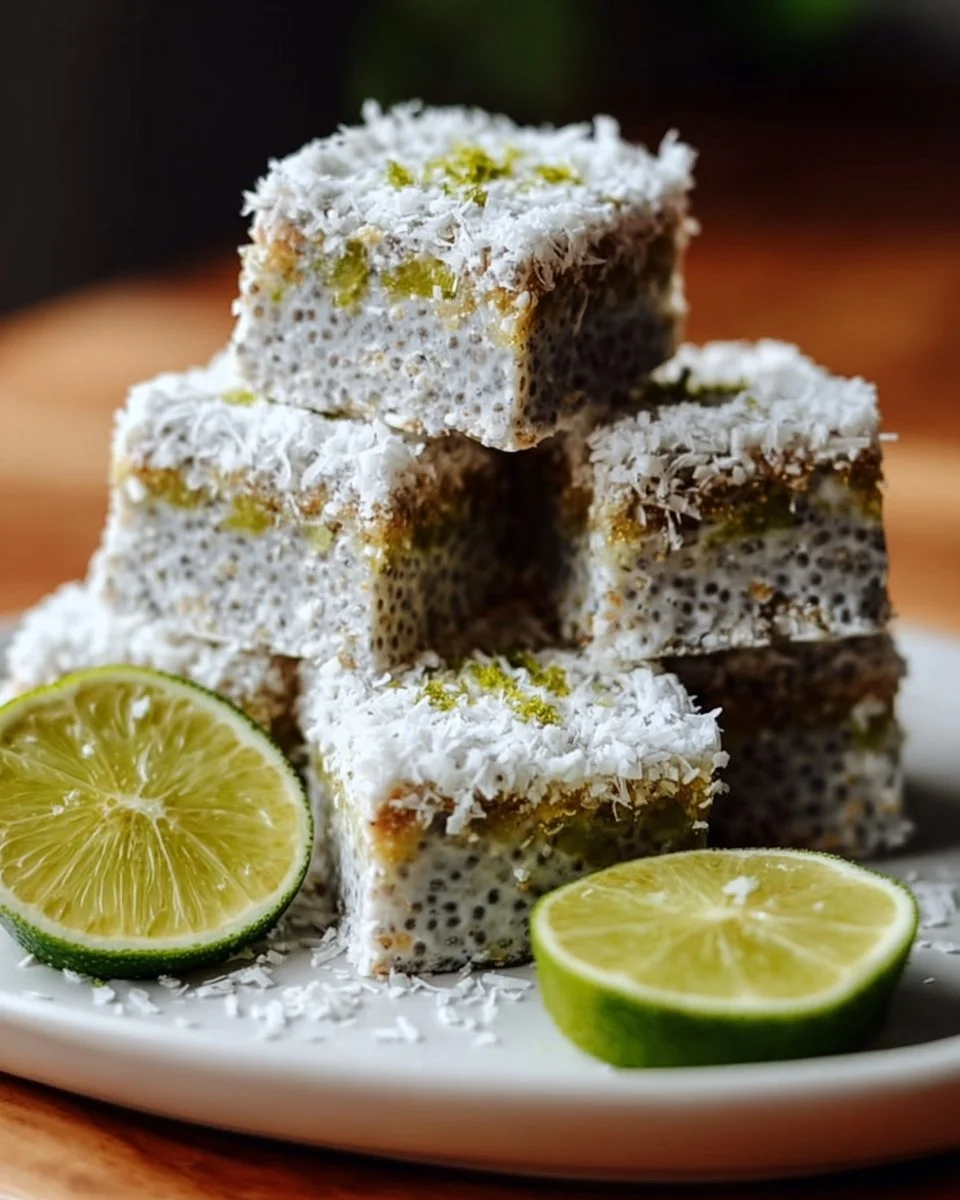 No bake coconut lime chia bars on a plate, healthy snack option.