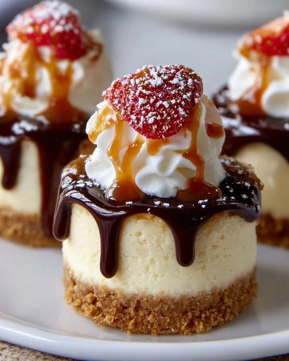 No-bake mini cheesecake topped with fresh berries on a white plate.