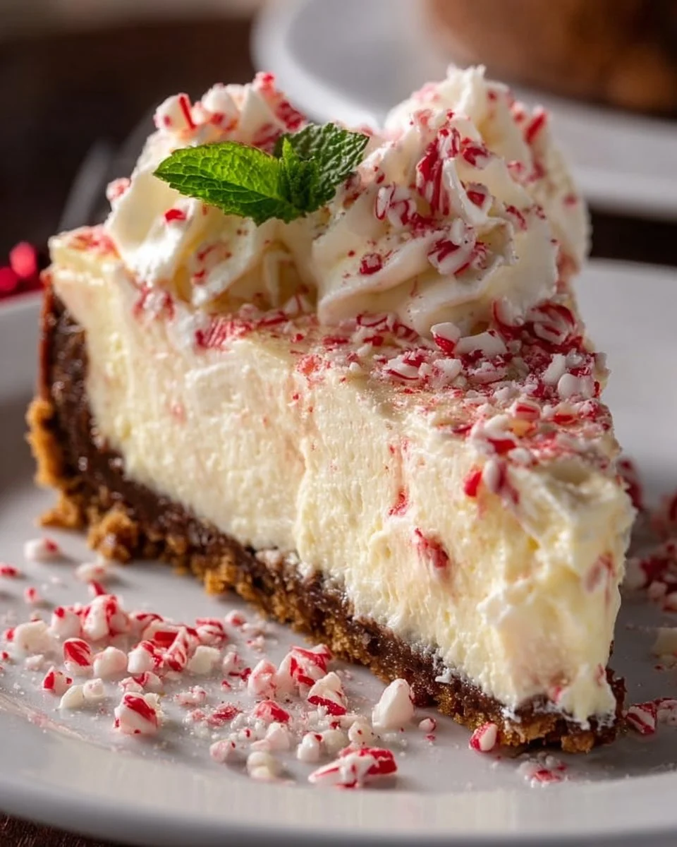 No Bake Peppermint Cheesecake topped with candy cane pieces