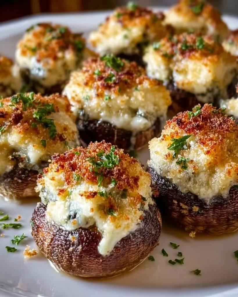 Delicious Olive Garden stuffed mushrooms served on a wooden platter