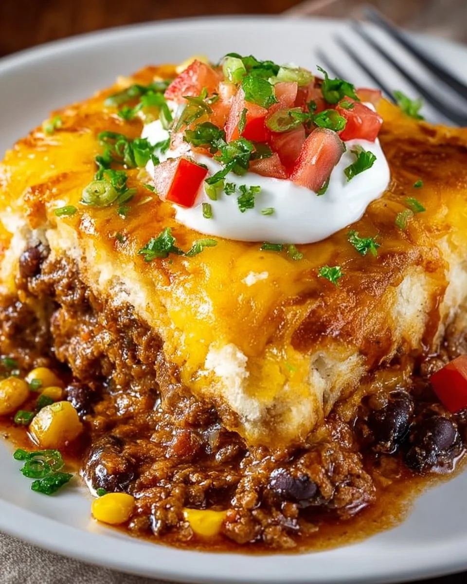 Cheesy Tex-Mex John Wayne Casserole in a baking dish, garnished with fresh herbs.