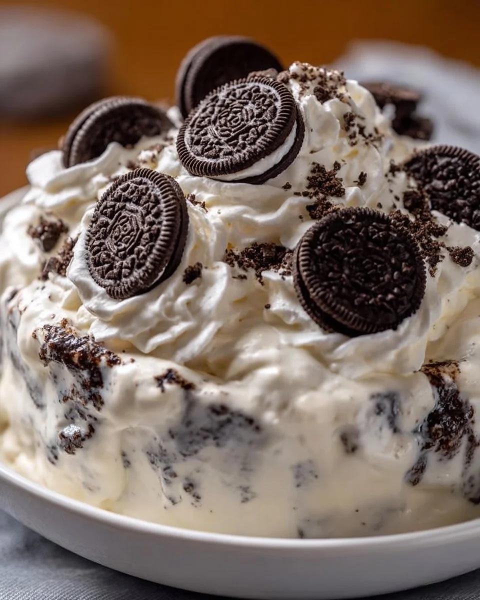 Oreo Fluff dessert with crushed Oreo cookies and whipped cream