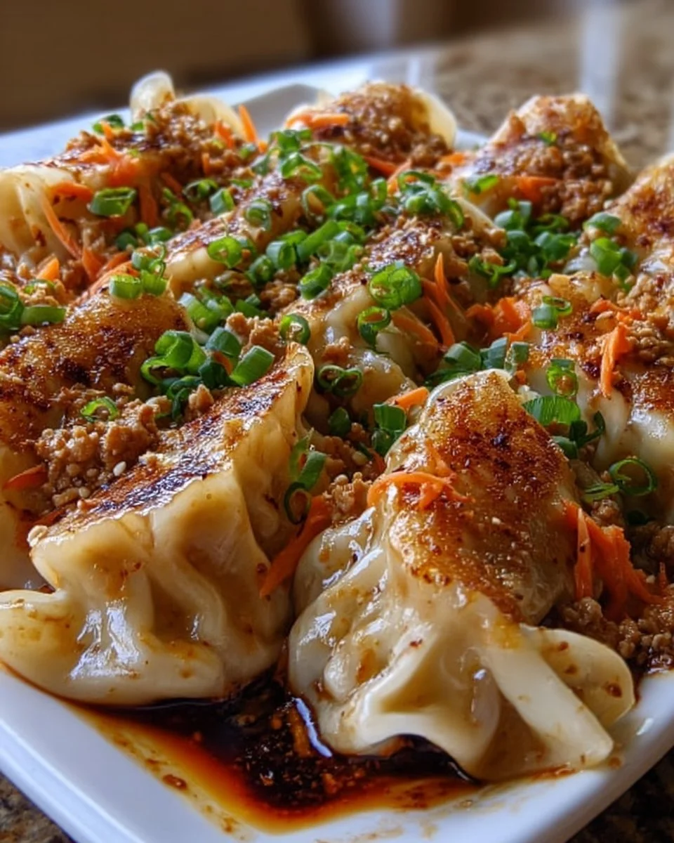 Oven-baked dumplings drizzled with peanut sauce on a wooden plate.