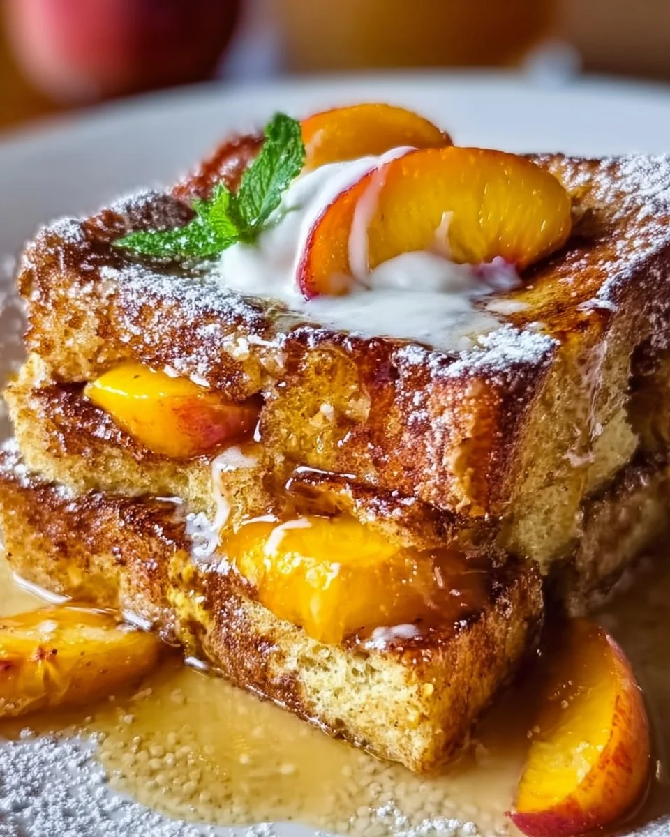 Peaches and Cream Baked French Toast with fresh peaches and cream topping