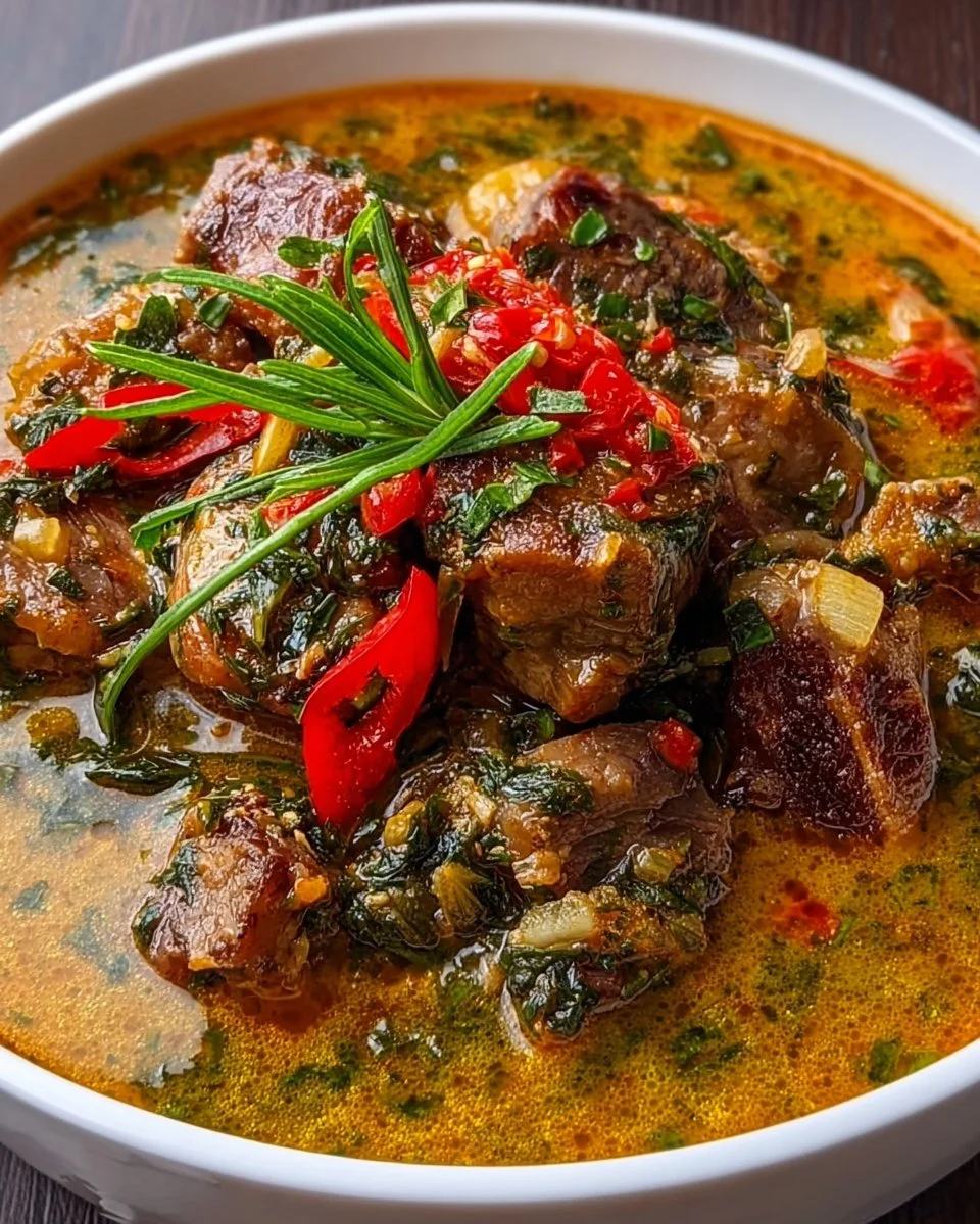 Bowl of spicy Pepper Soup garnished with herbs and served hot.