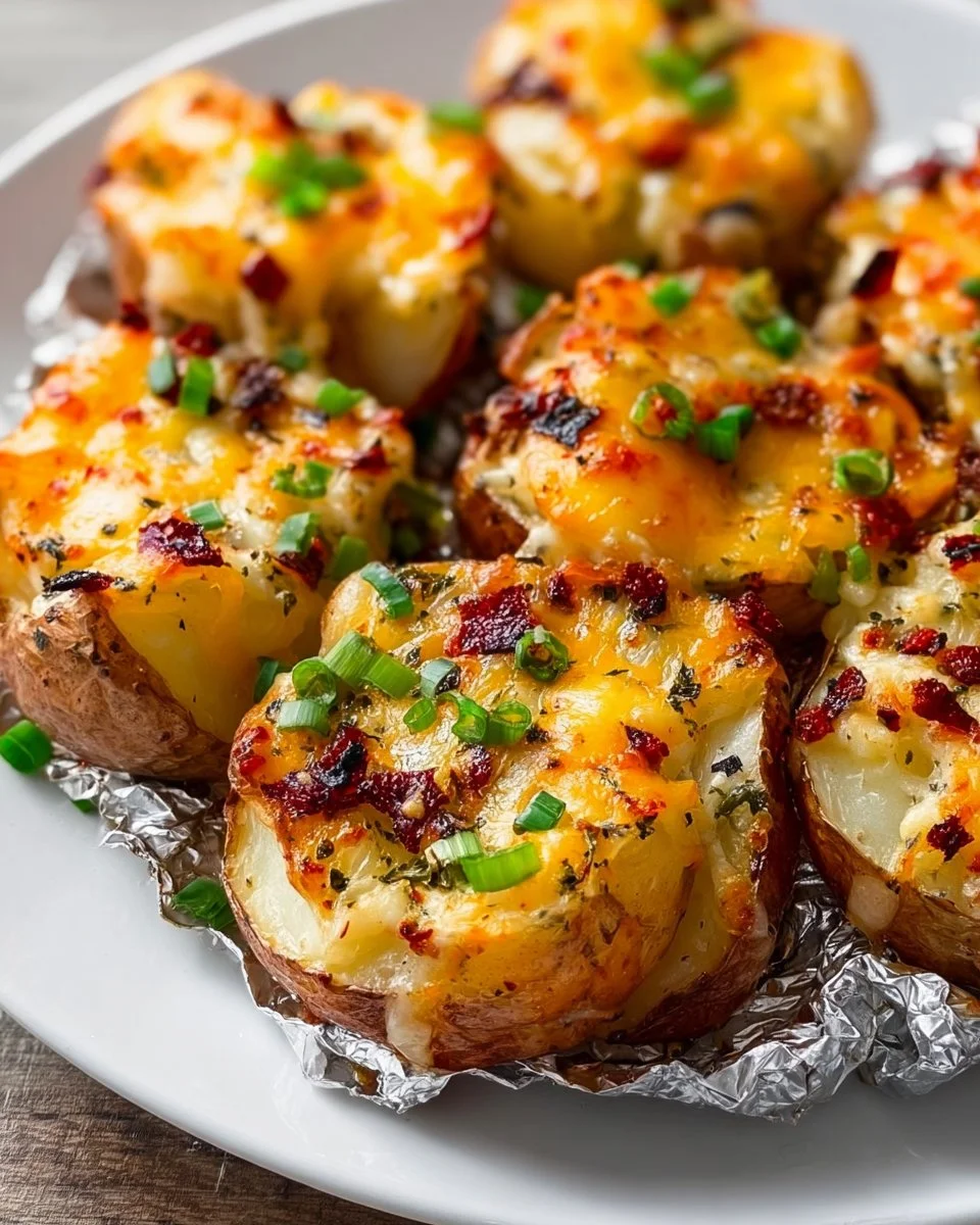 Grilled cheesy potatoes in foil ready for serving at a barbecue