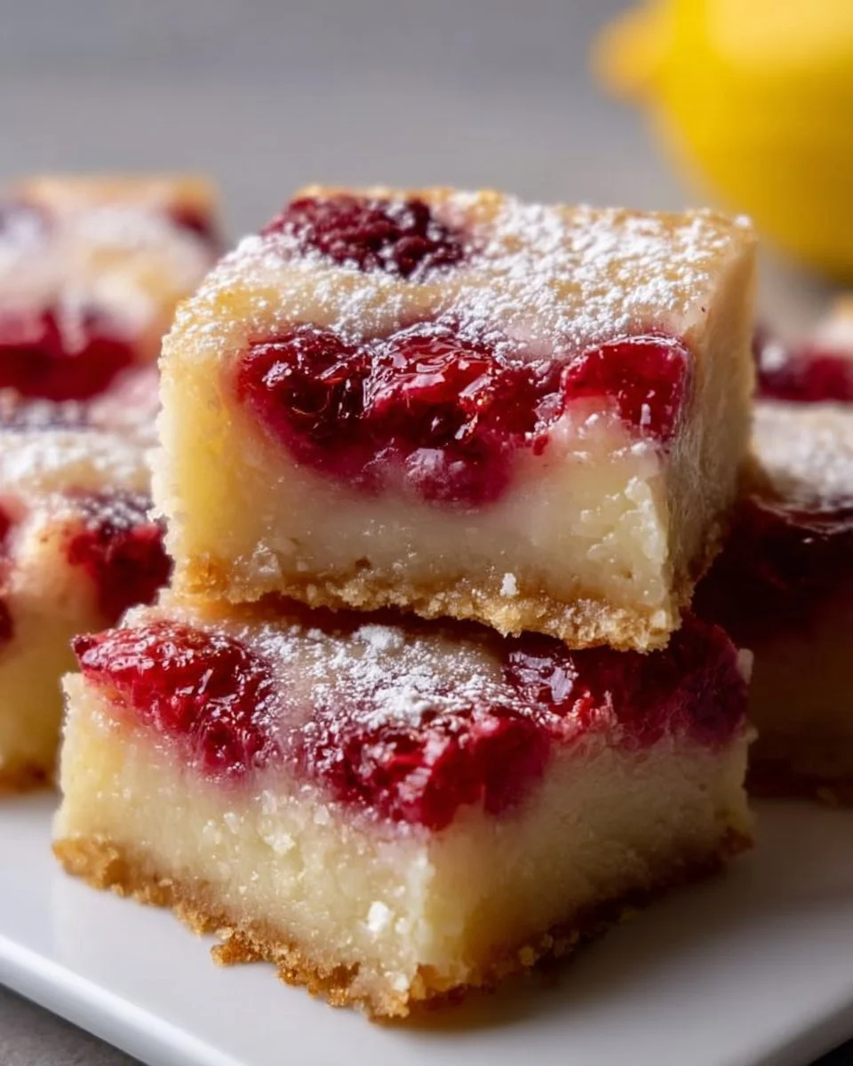 Delicious Raspberry Lemonade Bars topped with fresh raspberries and lemon zest