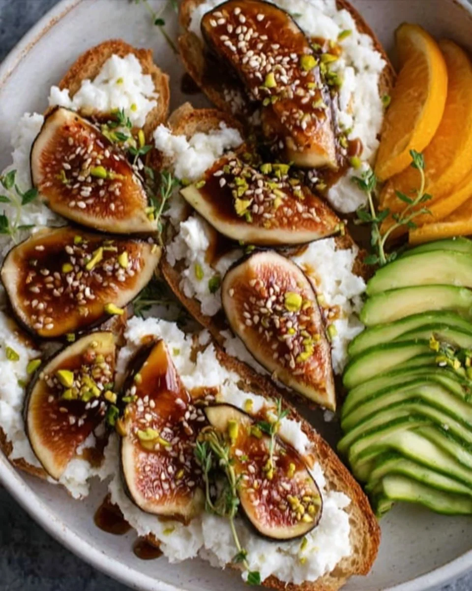 Plate of ricotta fig toast topped with vibrant figs and drizzled with honey