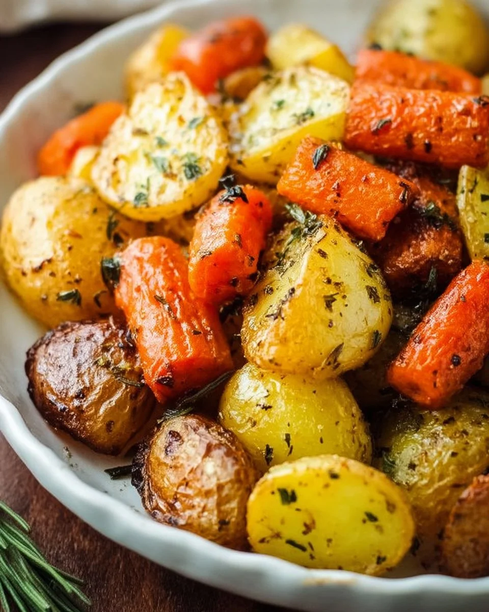 Crispy roast potatoes and carrots served in a rustic dish