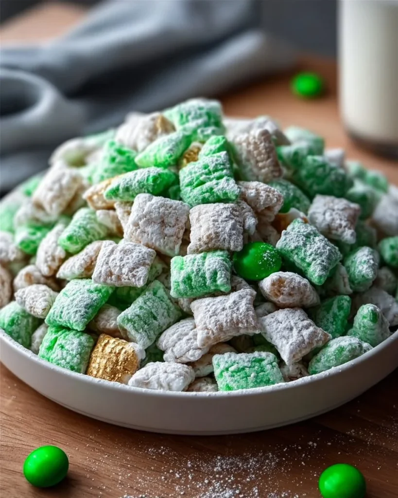 Saint Patrick's Day-themed Puppy Chow with green colors and festive decorations