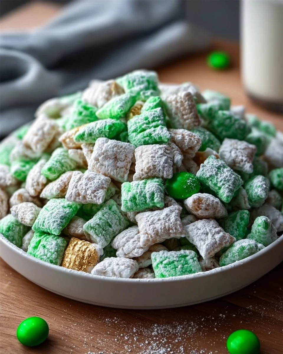 Saint Patrick's Day-themed Puppy Chow with green colors and festive decorations